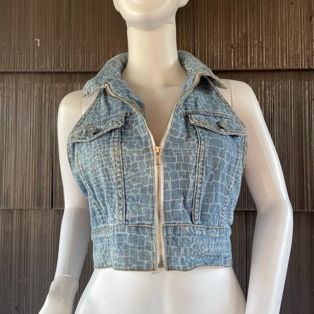 🔥VTG Y2K Be Bop Alligator Print Denim Cropped Vest Full Zip Biker Retro Grunge
